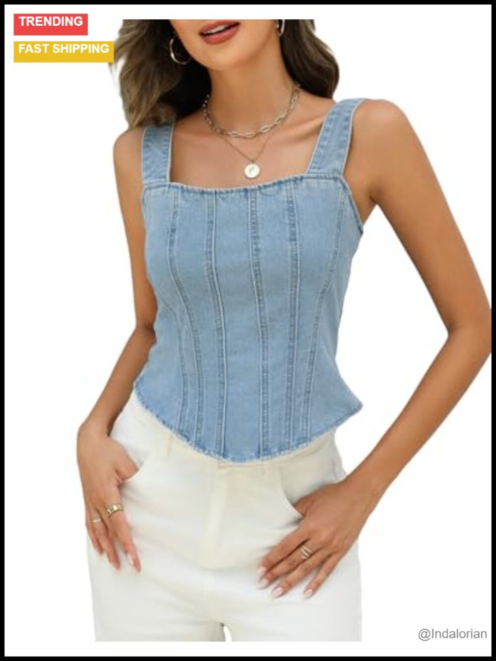 Denim Corset Top Square Neck Sleeveless Back Tie Cropped